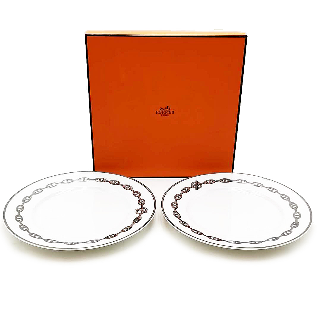 送料無料 超美品 エルメス テーブルウェア お皿 プレート 食器 磁器 ペアセット 2枚セット シェーヌダンクルプラチナ 白系