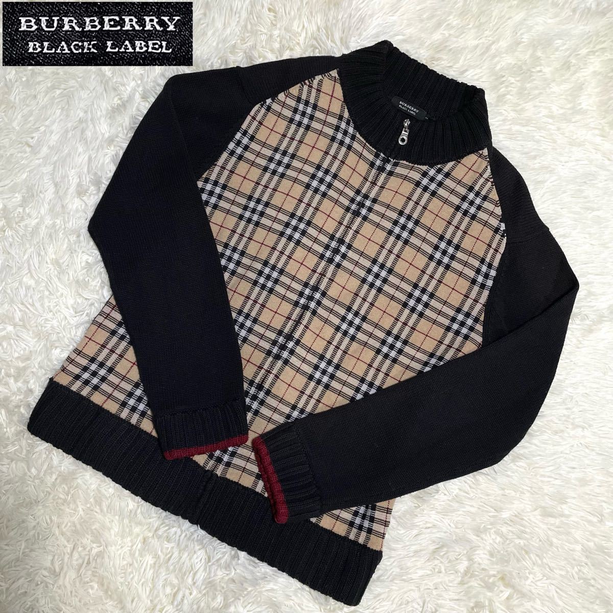 BURBERRY BLACK LABEL バーバリーブラックレーベル フルジップニット ノバチェック 切り替え 2 M ブラック