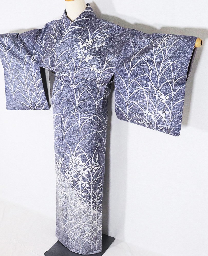 染紬 タタキ染 訪問着 袷 正絹 紫 白 暈し 大王松 南天 Lサイズ ki27183 中古美品 着物 シルク オールシーズン 送料無料_画像3