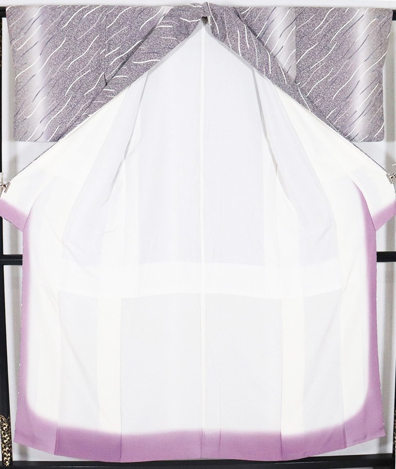 日本オーダー 小紋 オールシーズン 送 グレー 紫 白 暈し 斜め縞 S