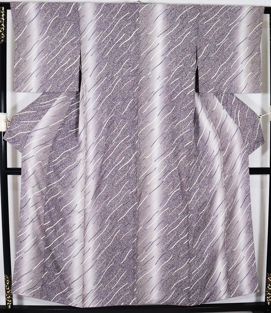 日本オーダー 小紋 オールシーズン 送 グレー 紫 白 暈し 斜め縞 S