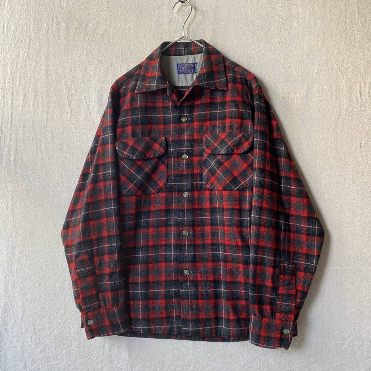 50s PENDLETON ボックス シャツ / S ウール ネル オープンカラー チェック レッド ブラック USA製 ビンテージ 60s T2-11039-0649_画像1