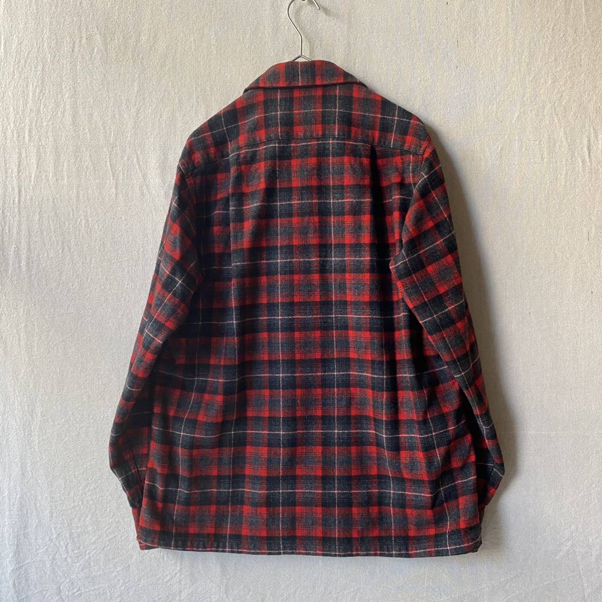 50s PENDLETON ボックス シャツ / S ウール ネル オープンカラー チェック レッド ブラック USA製 ビンテージ 60s T2-11039-0649_画像2