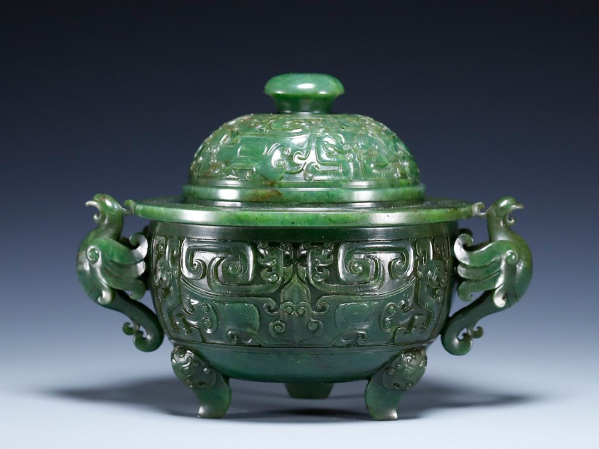 旧家蔵出 清 和田玉 碧玉彫り 龍紋鳳耳蓋炉 古美術品 骨董品