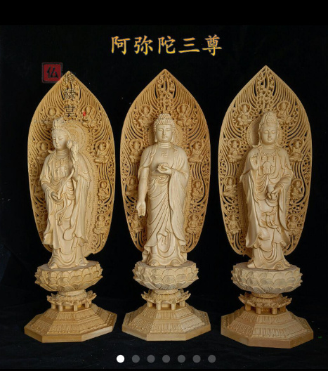 極上彫 木彫仏像薬師如来三尊座像 天然木檜材 一刀彫 財前彫刻 仏教工芸品-
