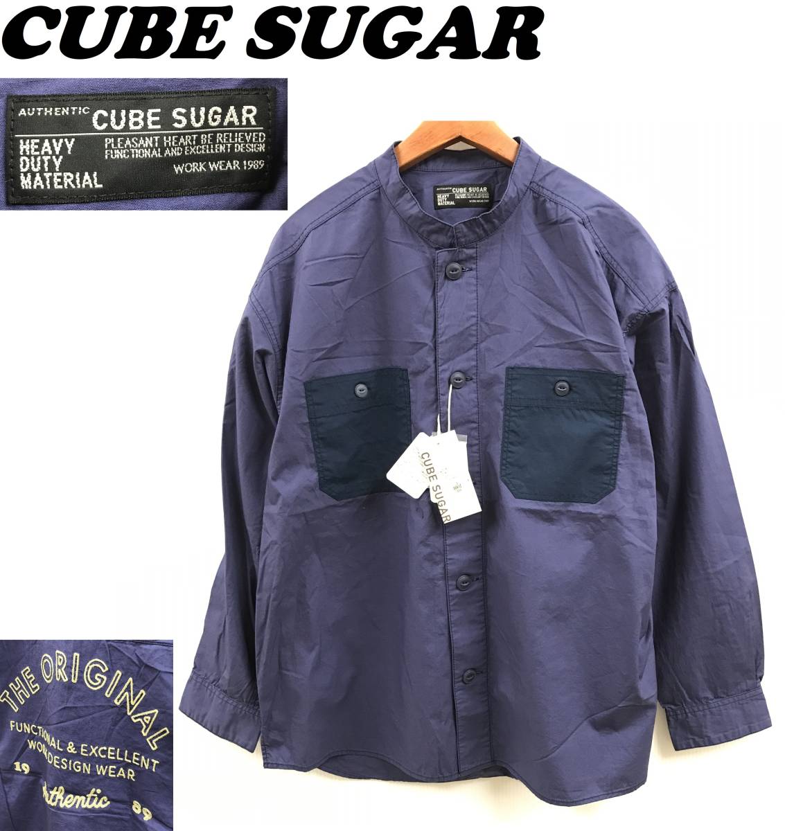 M/ CUBE SUGAR ネイビー 長袖シャツ 刺繍 バック ボタン ノー M/ CUBE SUGAR ネイビー 長袖シャツ 刺繍 バック ボタン ノー