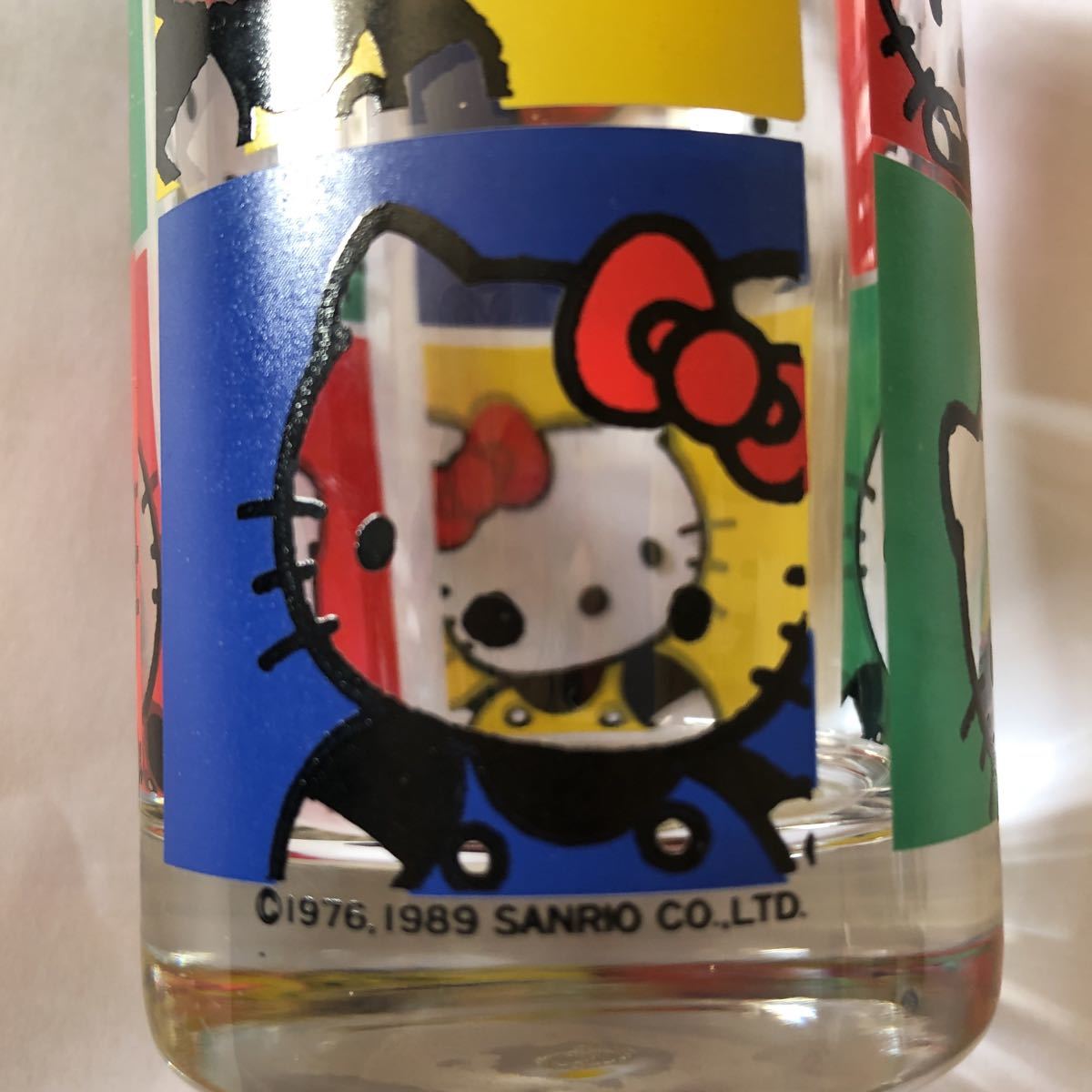 * Showa Retro * ultra rare rare goods Sanrio 1989 year made Hello Kitty glass tumbler that time thing 4 color pattern old Sanrio Logo 