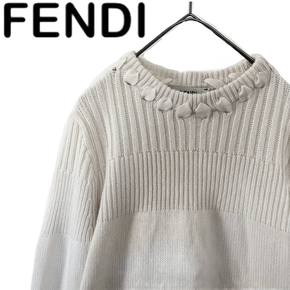 【送料無料】FENDI フェンディ カシミア100% セーター　ニット　リボン　レディース　カシミヤ 40 L ホワイト　白　クリーム