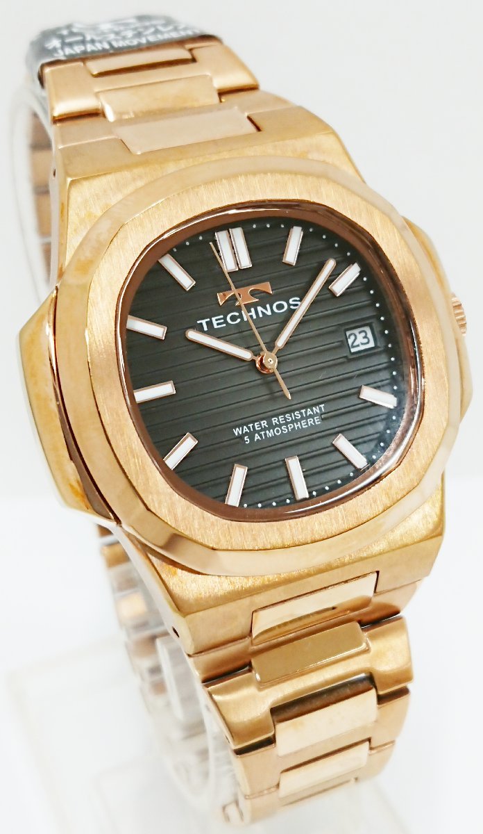  new goods unused goods!!TECHNOS/ Tecnos quartz men's wristwatch simple character board pink gold color T9556PE JAPAN MOVEMENT