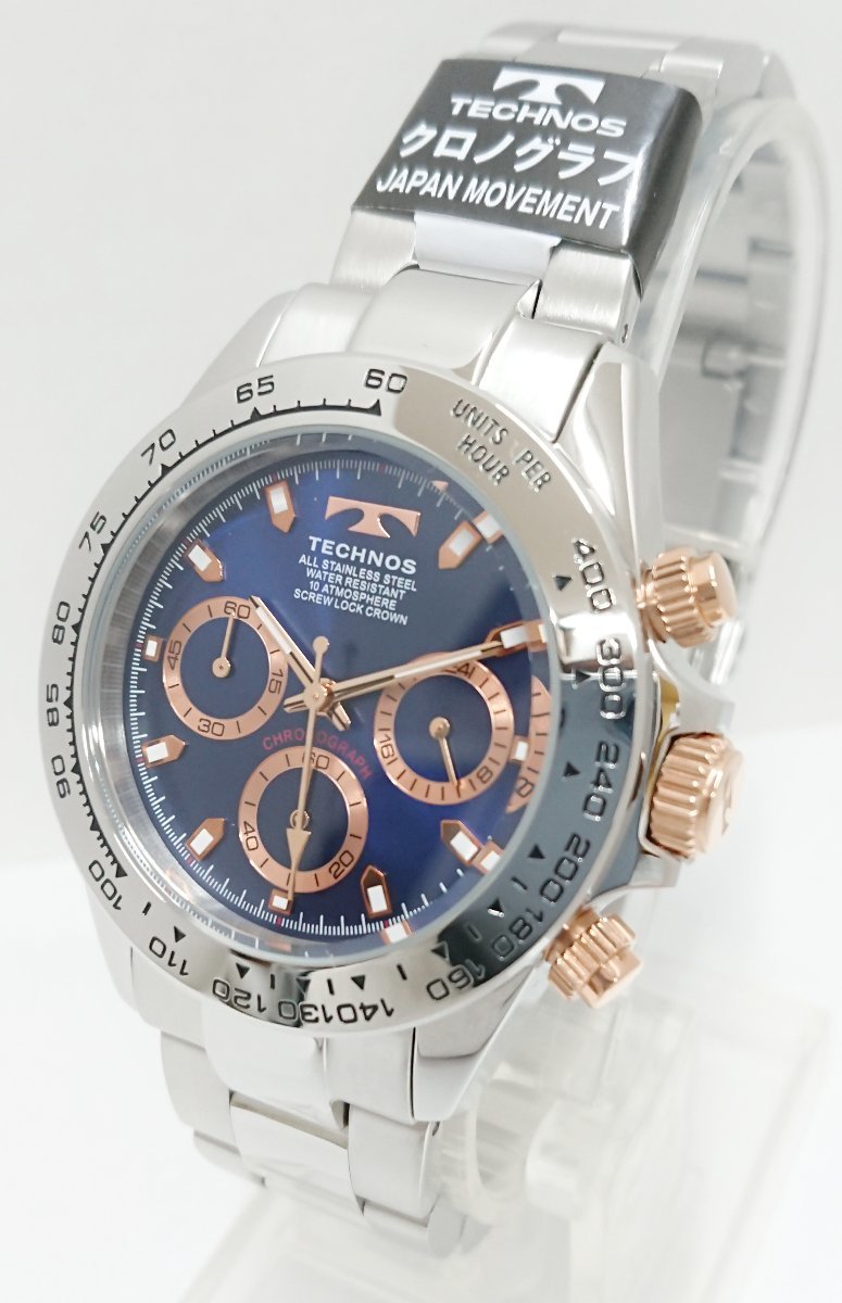  new goods unused goods!!TECHNOS/ Tecnos quartz men's wristwatch chronograph blue x pink gold color TSM411PN JAPAN MOVEMENT