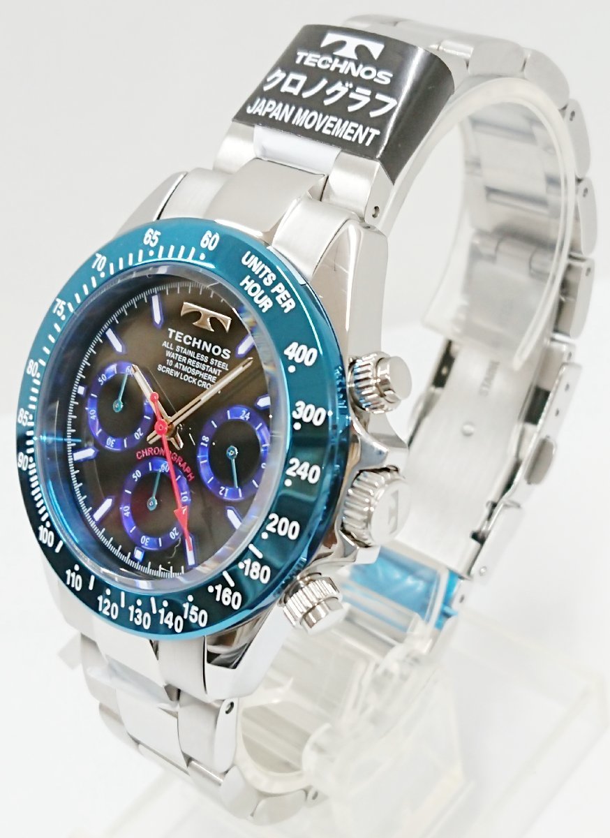  new goods unused goods!!TECHNOS/ Tecnos quartz men's wristwatch chronograph blue x black color TSM401SN JAPAN MOVEMENT