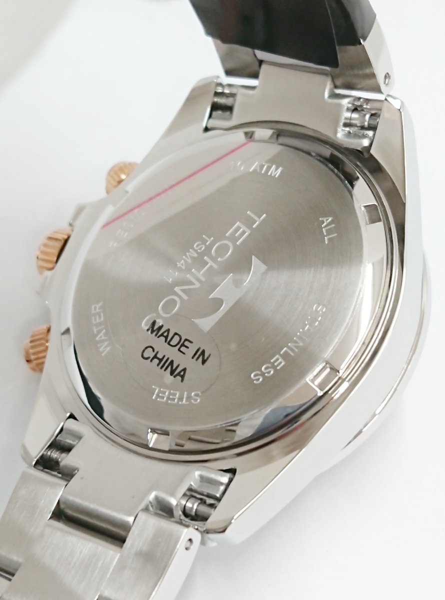  new goods unused goods!!TECHNOS/ Tecnos quartz men's wristwatch chronograph blue x pink gold color TSM411PN JAPAN MOVEMENT