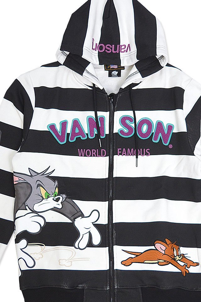 vanson×TOM&JERRYコラボ 裏毛フルジップパーカー◆vanson ボーダーLサイズ TJV-2237 バンソン ヴァンソン トムとジェリー 刺繍_画像4