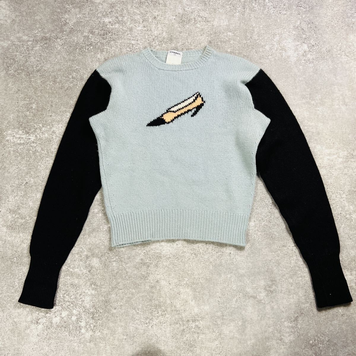稀品 1995年 CHANEL シャネル バイカラーニット カシミヤ ヒール柄 95A P05573V00254 ヴィンテージ ニットセーター ライトブルー D53