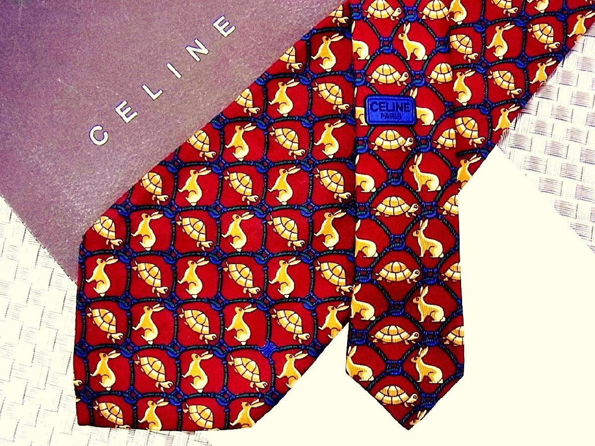 ♪29383D♪状態並品【亀 ウサギ 動物 柄】セリーヌ【CELINE】ネクタイ_画像1