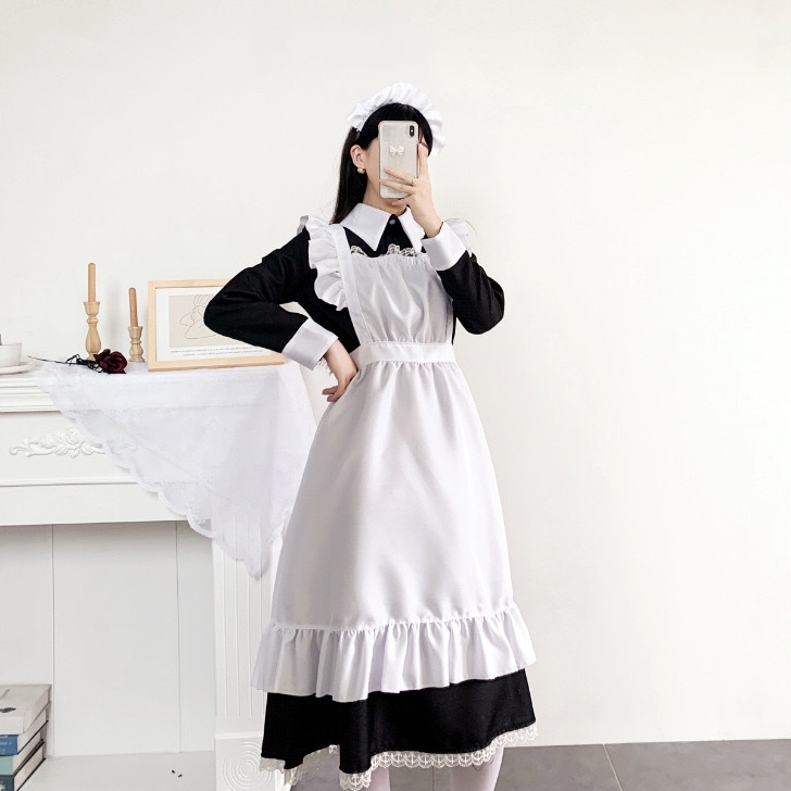 新品 メイド服 (レディース) Mサイズ コスプレ 安い ロング丈 長袖 メイド風エプロン 白 (ホワイト) 黒(ブラック) スカート 衣装の画像5