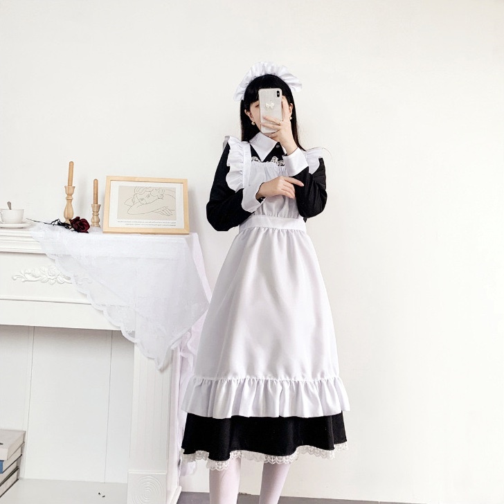 新品 メイド服 (レディース) Mサイズ コスプレ 安い ロング丈 長袖 メイド風エプロン 白 (ホワイト) 黒(ブラック) スカート 衣装の画像7