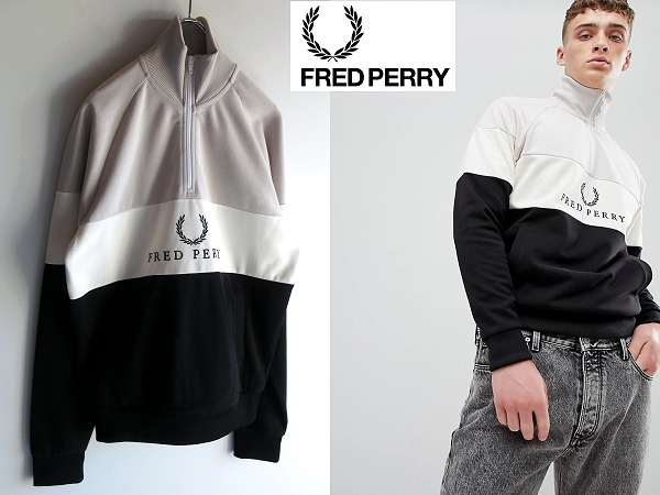 美品 FRED PERRY フレッドペリー Embroidered Paneled Track Jacket ロゴ刺繍 パネル切替 ハーフジップ ジャージ トラックジャケット S_画像1