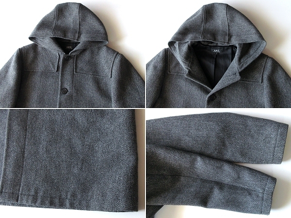 希少 90sビンテージ フランス製 A.P.C. アーペーセー 裏地付 ウール ヘリンボーンツイード ロング フードコート 3 グレー アーカイブ HIVER