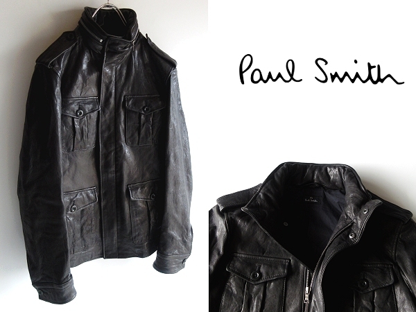 希少 名作 状態良好 PS Paul Smith ポールスミス 羊革 製品洗/USED加工 M-65 ラムレザージャケット ミリタリーコート S 黒 定価118800円_画像1