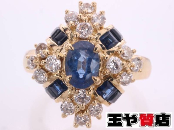 サファイヤ0.94ct ダイヤ デザイン リング 9号弱 K18YG イエローゴールド_画像1