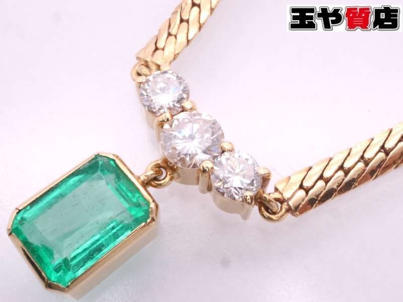 美品 エメラルド 1.25ct ダイヤ 0.50ct デザイン ネックレス K18YG イエローゴールド_画像1