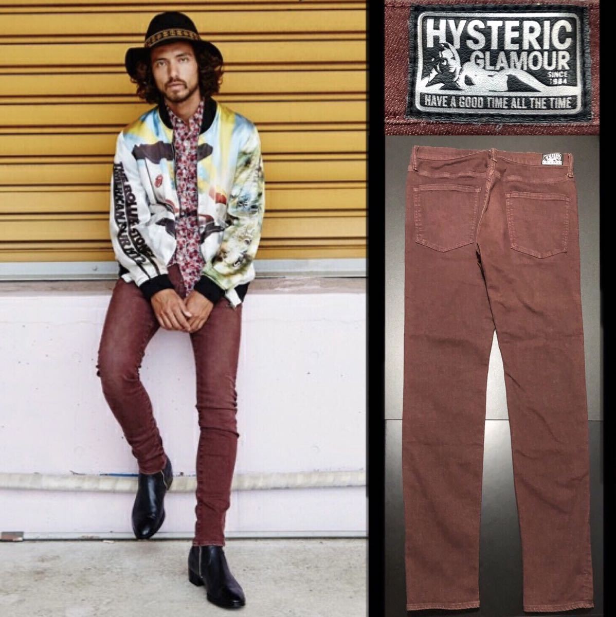 ボルドー系★USED加工 ストレッチ スリム デニム パンツ 30 HYSTERIC GLAMOUR★ヴィンテージ ダメージ加工 ボトムス ヒステリックグラマー