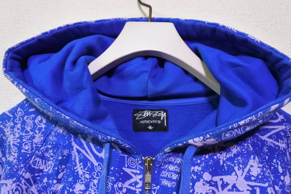 STUSSY WORLD TOUR Graffiti Hoodie size M ワールドツアー ペイント スウェット パーカー 総柄 ブルー_画像3