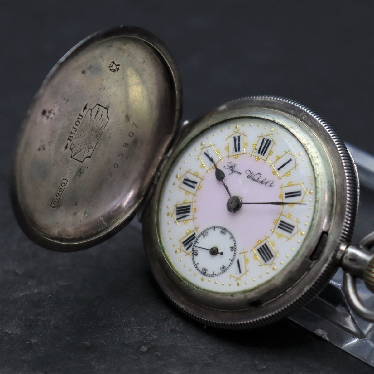 Bijou Watch ビジュー 手巻き 剣引き ポケットウォッチ 銀0.900刻印 金彩 ピンク 動作ジャンク 1900年代頃 スイス製 アンティーク 懐中時計の画像1