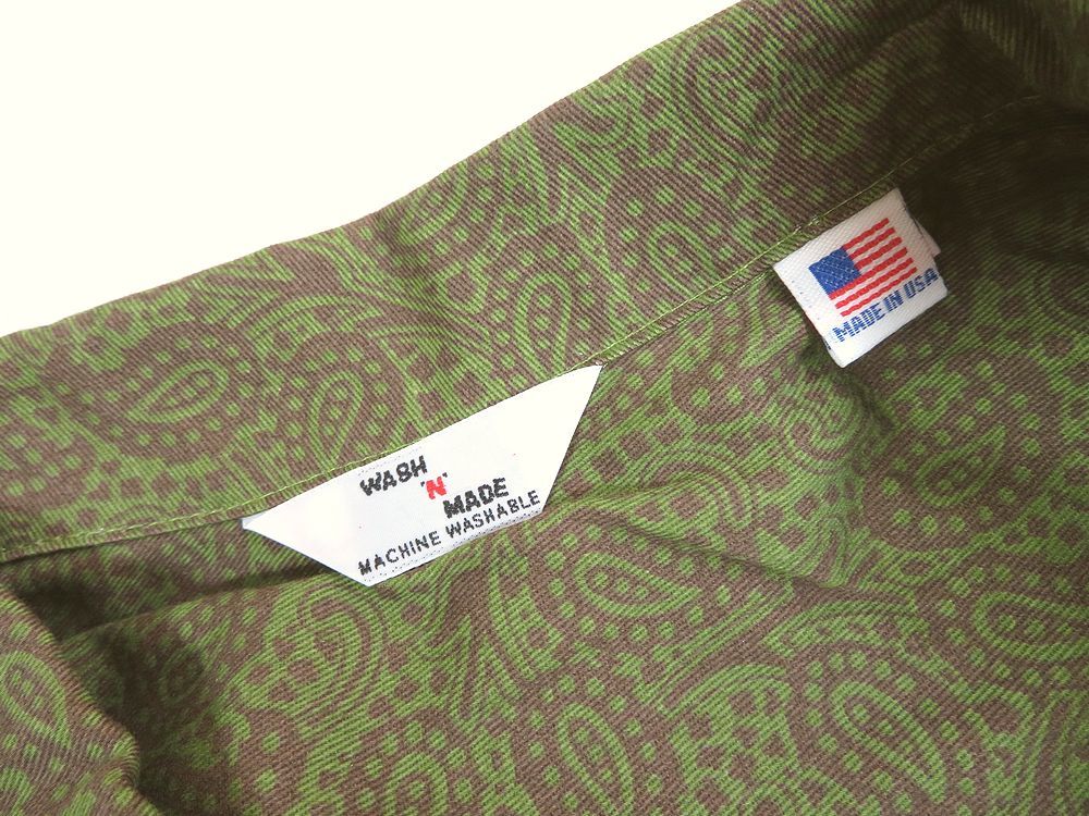 新品 アメリカ製 USA WASH'N' MADE ウォッシュンメイド ペイズリー柄 総柄 オープンシャツ ワーク ボックス サイズL オリーブ グリーン _画像4