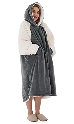 Winthome着る毛布 着るブランケット 袖付き毛布 ルームウェア フード ポケット付き 部屋着 厚手 寝間着フランネル メンズ レディース
