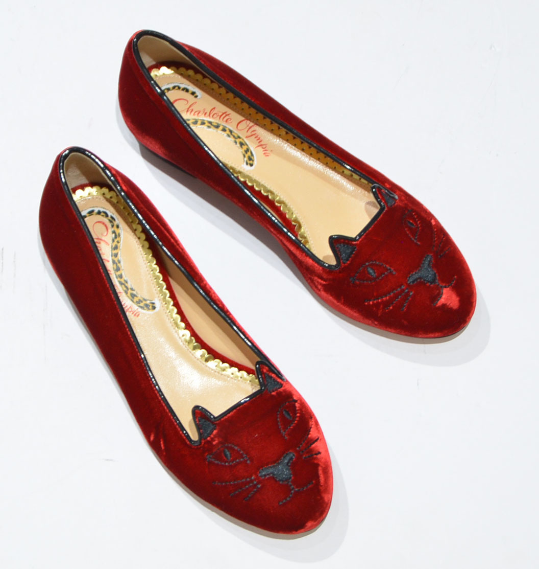 Charlotte Olympia シャーロットオリンピア KITTY 猫刺繍 フラット シューズ ベロア パンプス レッド 34 1/2 Y