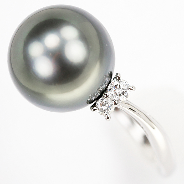 中古 三越 黒蝶パール リング 11.8mm ダイヤモンド 0.18ct プラチナ