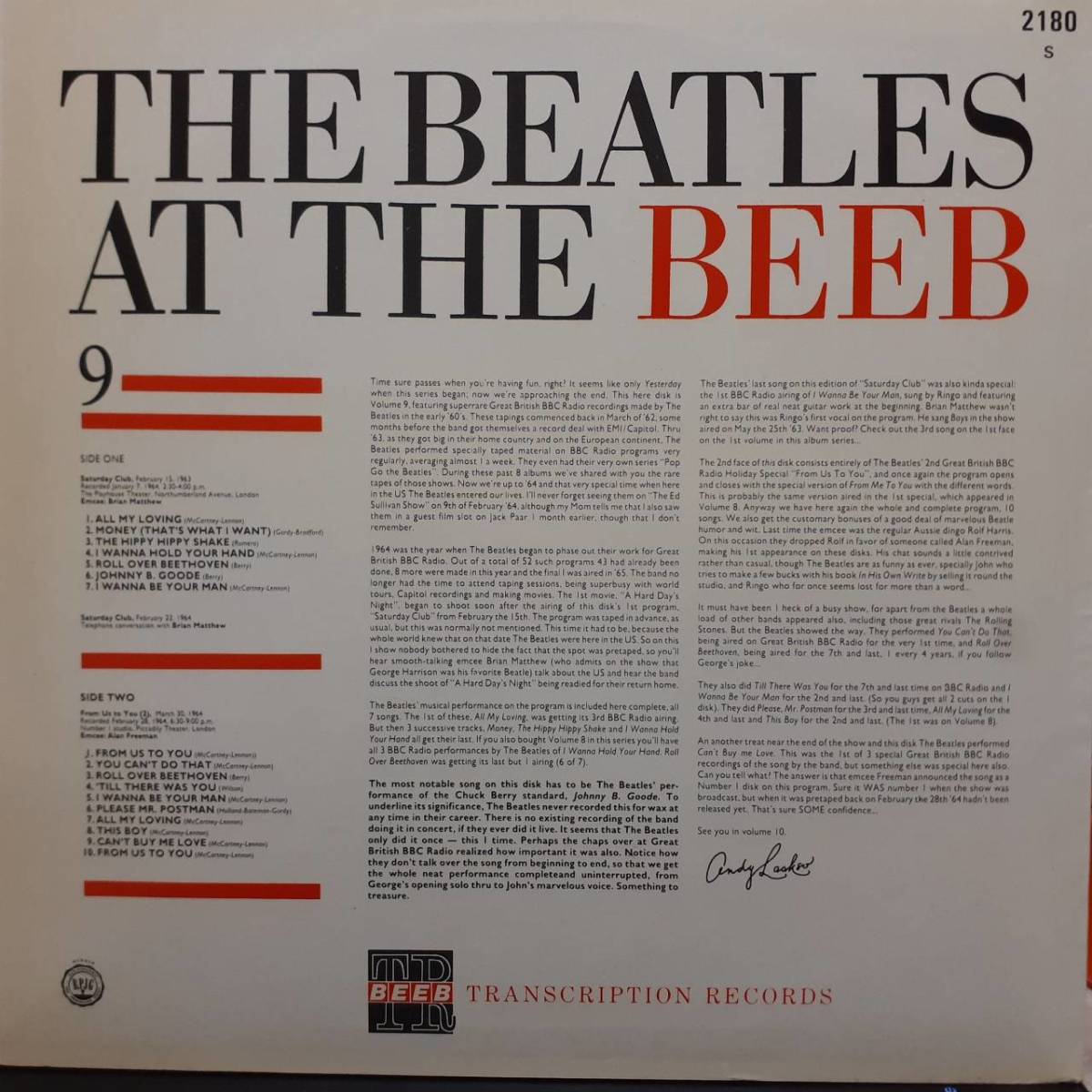 欧州(UK?)盤LP！高音質 プライベート！The Beatles / At The Beeb Vol.9 1986年 Beeb Transcription 2180/S BBCラジオ音源レアトラック集！_画像3