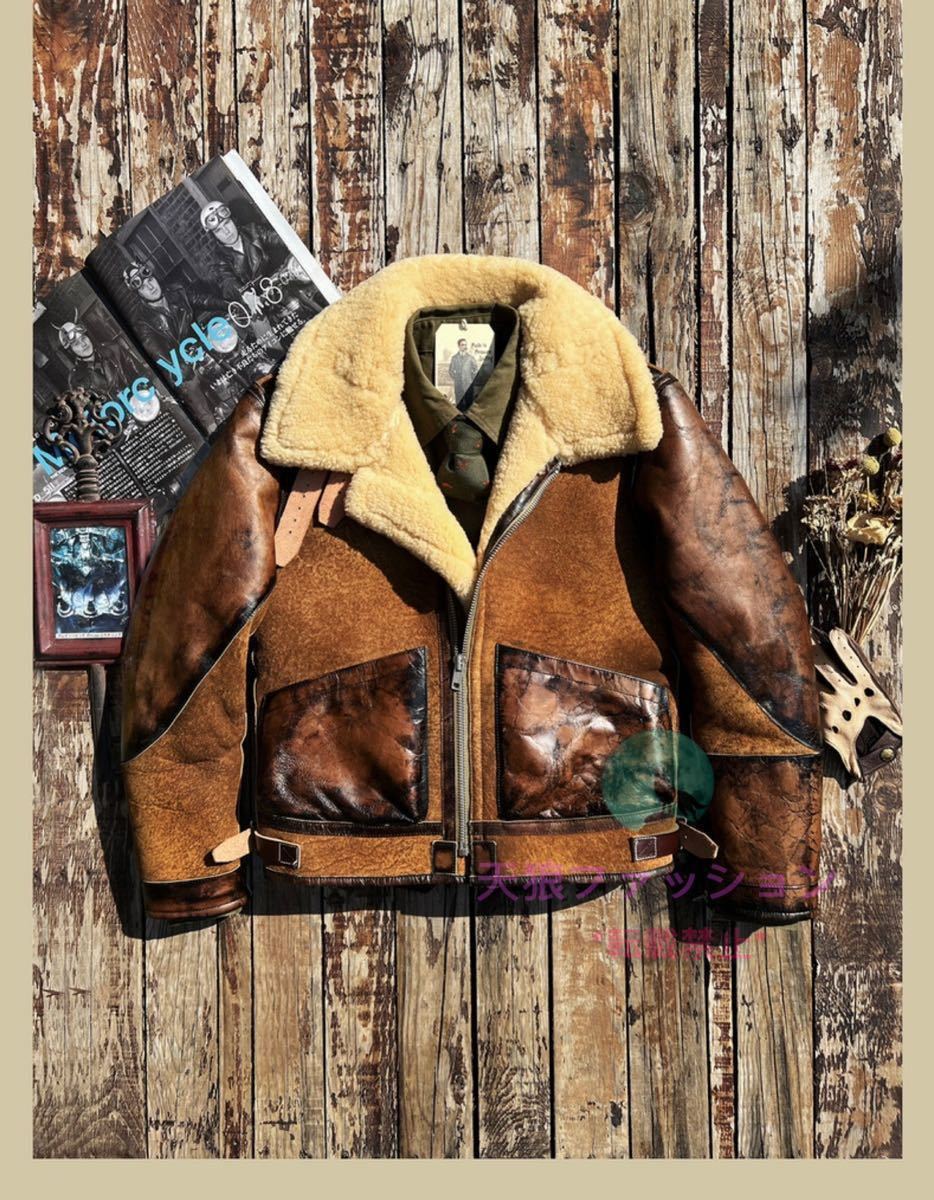 ●B-3 ムートン 羊革＋馬革 フライトジャケット 毛皮一体 シープスキン+ホースハイド 天然革 本革 コート ヴィンテージ AUSメリノ S～4XL