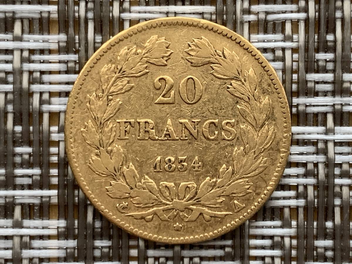 フランス・1834A・20フラン金貨・ルイフィリップ一世・戴冠【XF】_画像2