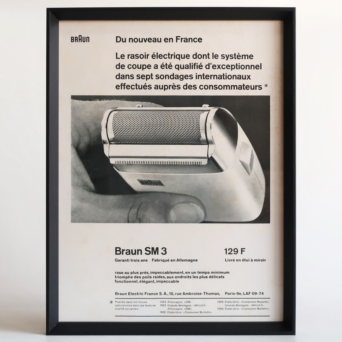 BRAUN ブラウン 1963年 シェーバー SM3 Gerd Alfred Muller フランス ヴィンテージ 広告 額装品 / ドイツ ディーター ラムス ポスター 稀少_画像1