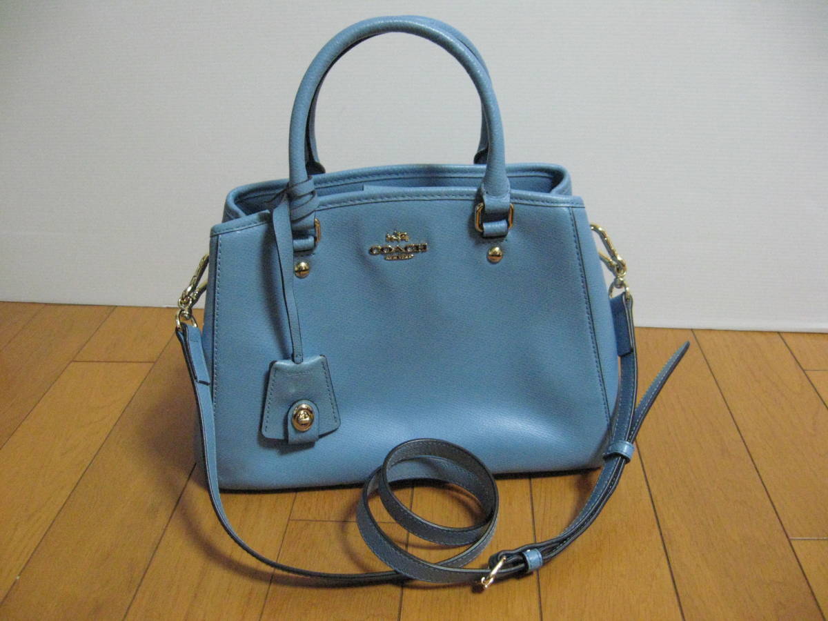 美品即決 コーチCOACH ハンドバッグ/斜め掛けショルダーバッグ 2way ライトブルー水色 クロスグレーン ミニマーゴットキャリーオール