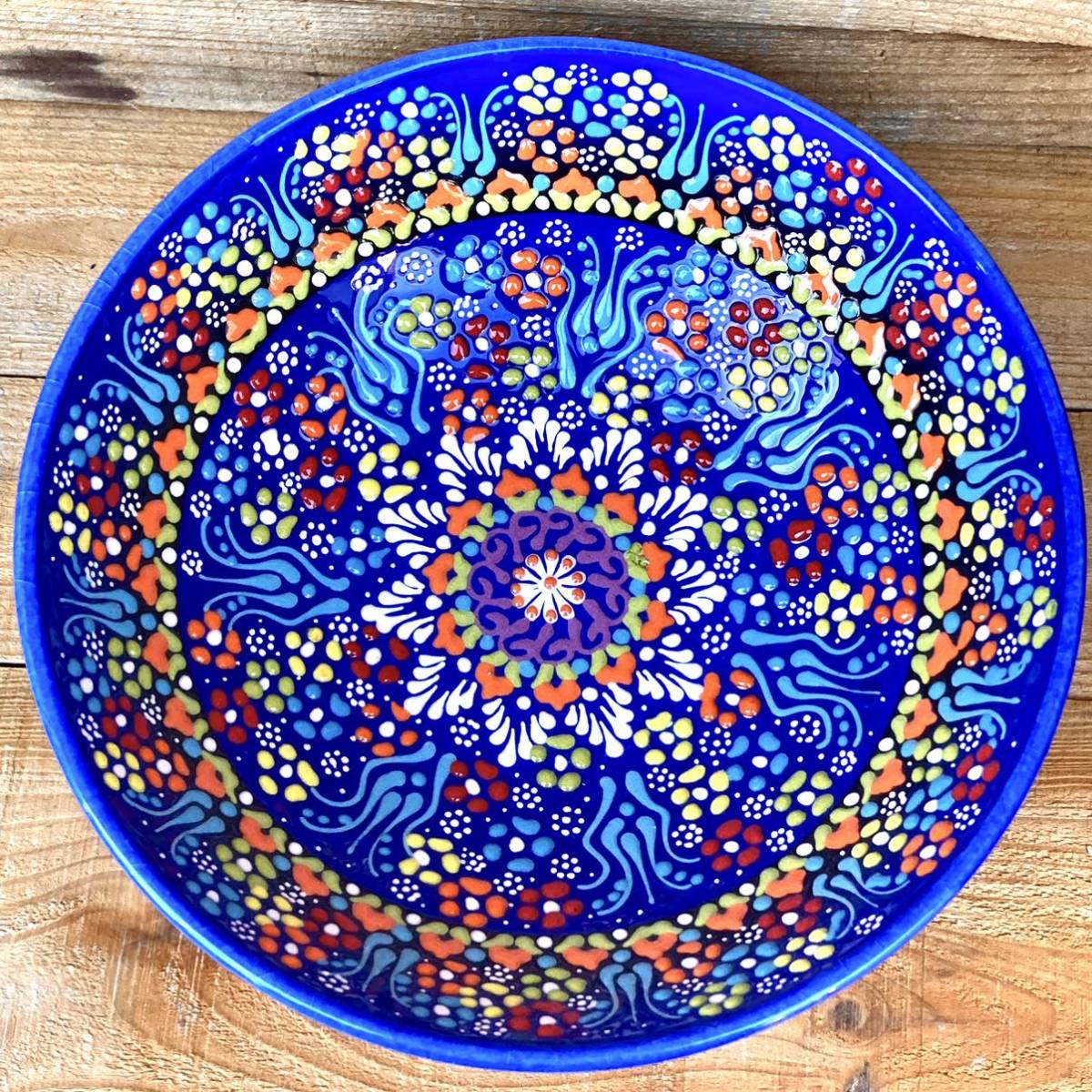 22cm* new goods * Turkey ceramics bowl plate * blue blue * hand made kyu tough ya ceramics [ conditions attaching free shipping ]209