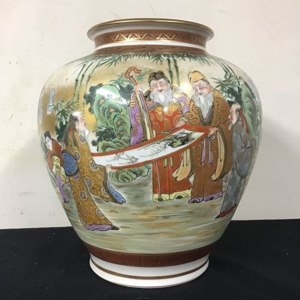 陶芸 九谷焼 九谷光崖造 高さ31cm 人物図 色絵金彩花瓶 竹林七賢人花