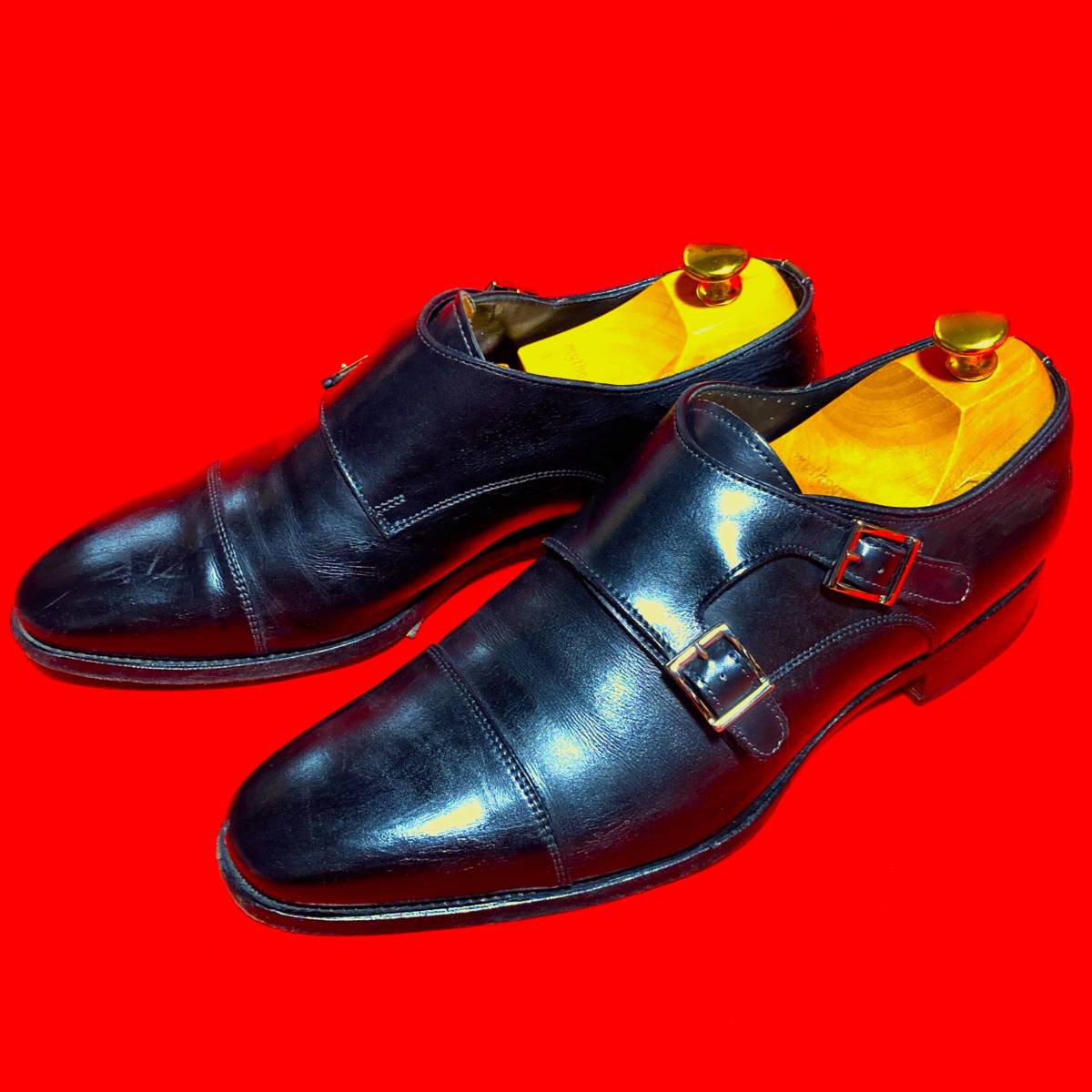 Santoni★超高級★ダブルモンク ストラップシューズ ストレートチップ キャップトゥ グッドイヤー製法 ベルト 黒 6.5 サントーニ 高品質_画像1