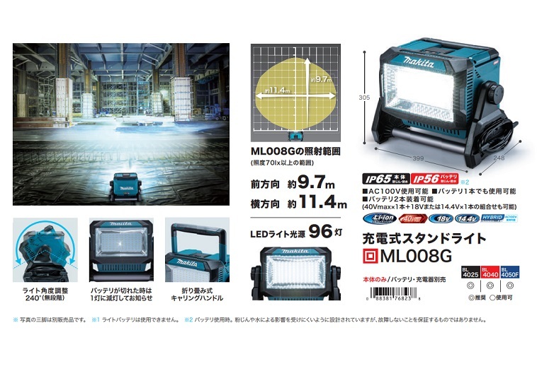 マキタ ML008G+BL4050Fx2+DC40RB 充電式LEDスタンドライト 最大光束10000lm 40Vmaxバッテリ+AC100V対応 5.0Ahバッテリx2個+2口充電器付新品_画像3