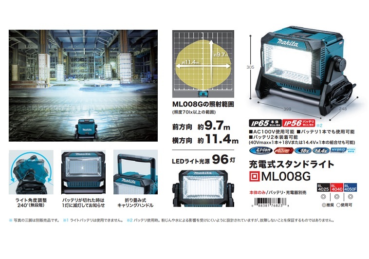  Makita ML008G+BL4050Fx2+DC40RB rechargeable LED stand light maximum light bundle 10000lm 40Vmax battery +AC100V correspondence 5.0Ah battery x2 piece +2. with charger new goods 