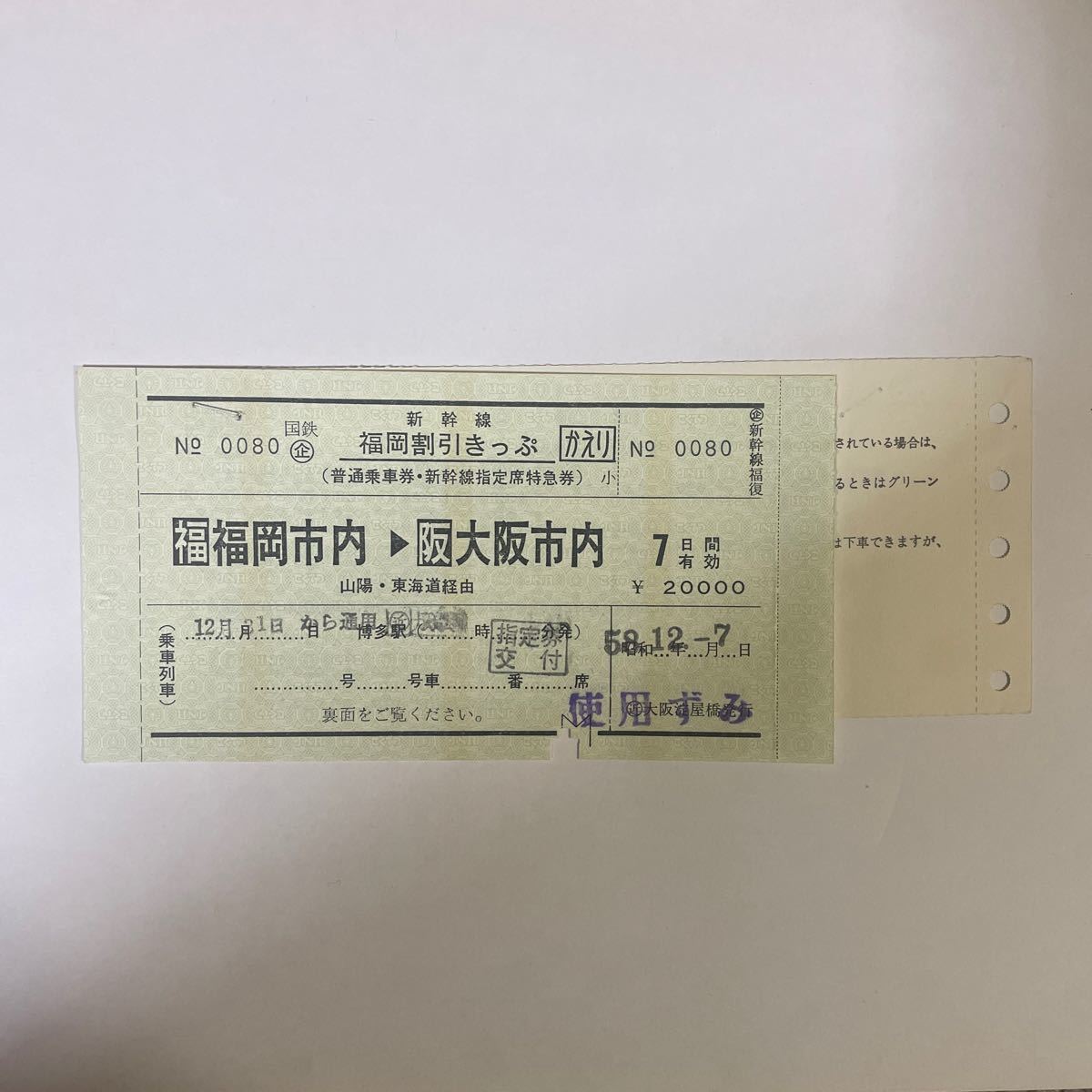 【国鉄時代】レトロ切符:東海道、山陽新幹線特急券、指定席券、乗車券6枚セット