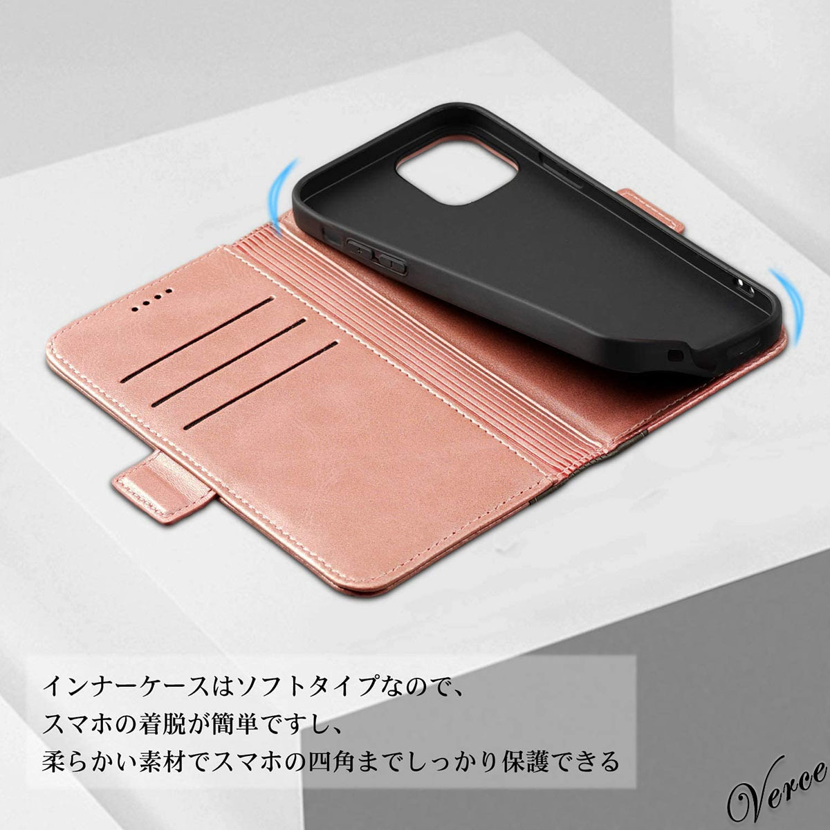 コーラルピンク 手帳型ケース iPhone 12 mini 5.4インチ 高級感のある質感 馴染む柔らかさ スタンド機能あり 耐衝撃 カバー カード収納_画像8