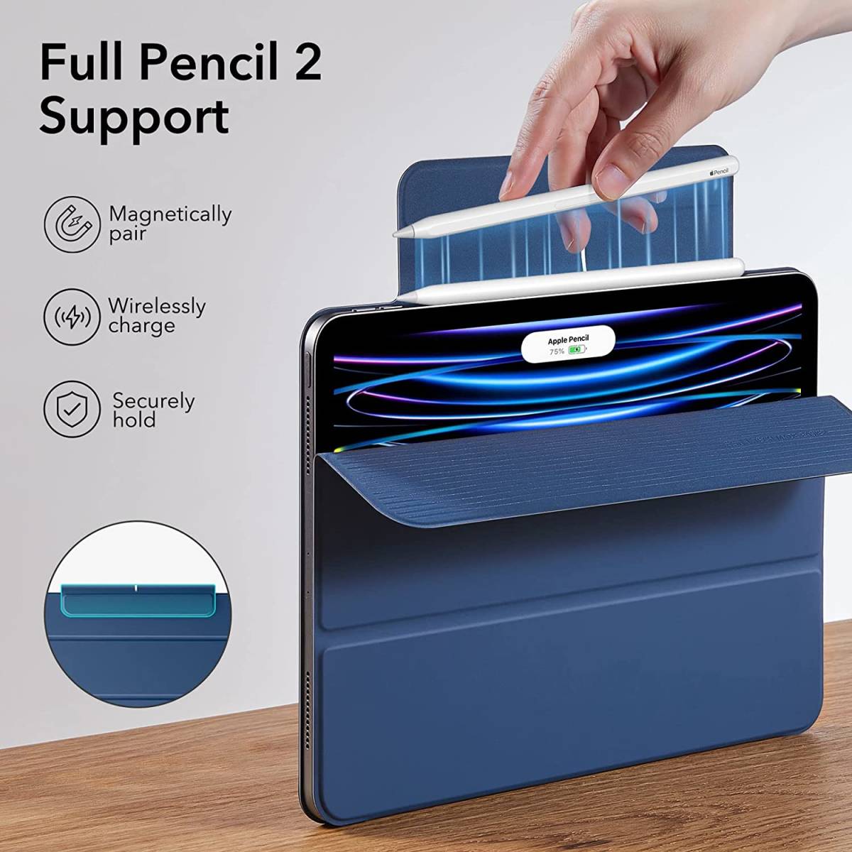 ネイビー iPad Pro 11 第4世代 ( 2022 / 2021 / 2020 ) 磁気吸着 2WAYスタンド Pencil 2対応 オートスリープ / ウェイク対応 ケース カバー_画像4