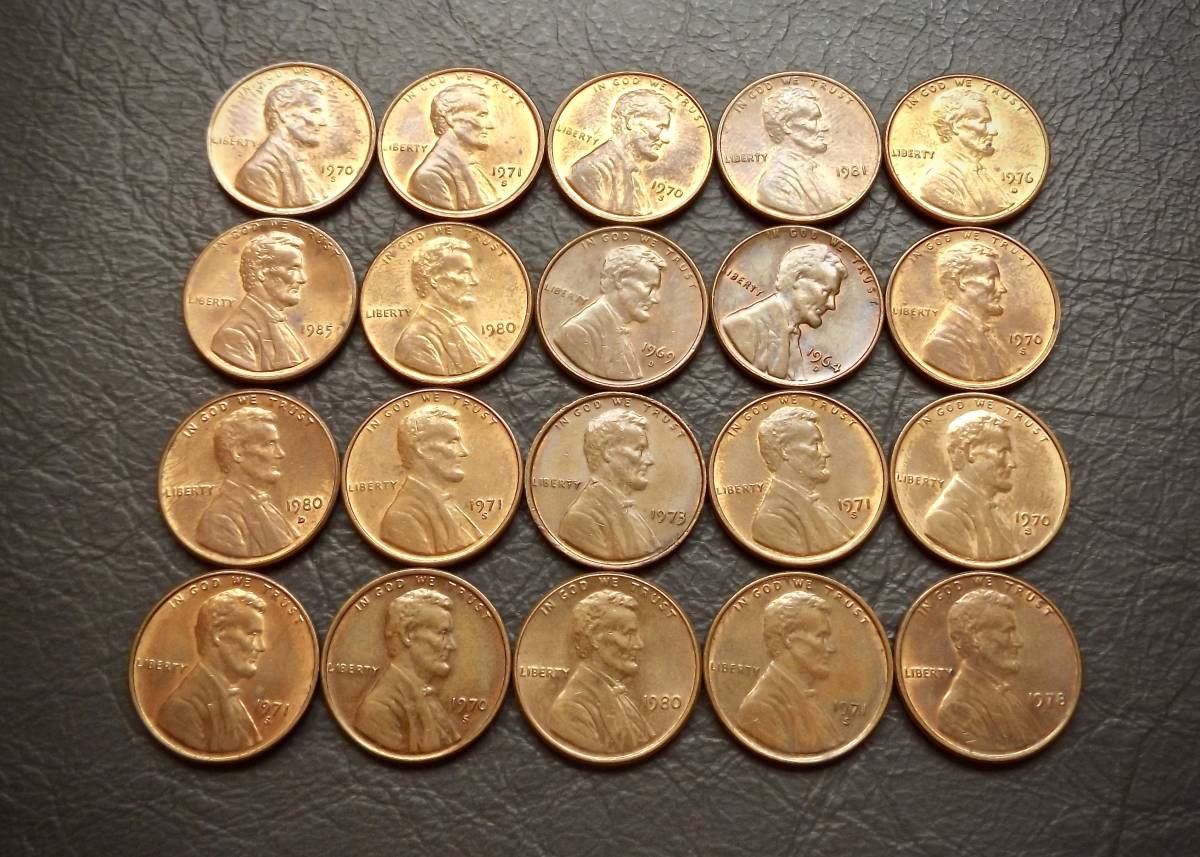 美品 1セントコイン リンカーン記念堂 1959年～製造の20枚セット 送料無料です。　（14988） USA 貨幣 硬貨 ペニー アメリカ_画像1
