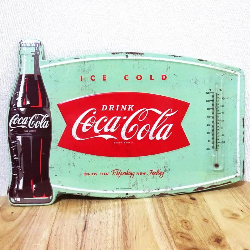 ブリキ看板 コカコーラ 温度計 エンボスメタルサイン COCA-COLA ICE COLD 正規品 サーモメーター アメリカン ロゴ お店 壁掛け