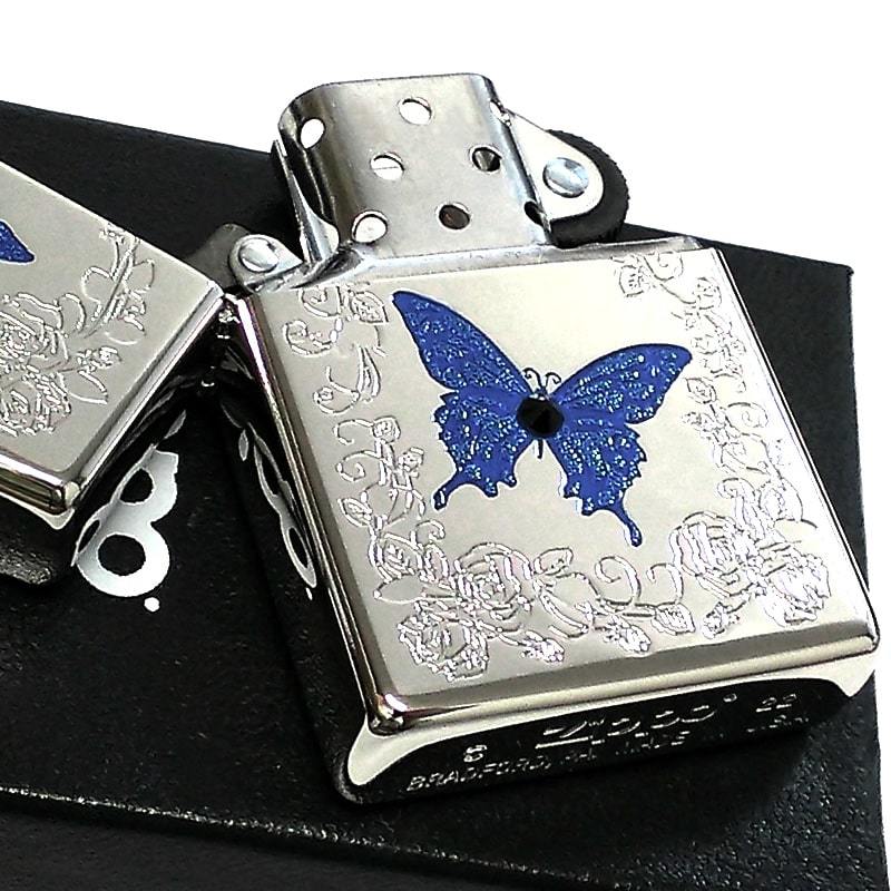 ZIPPO 限定 ブルーバタフライ ジッポ ライター ローズ シルバー シリアルNo入り 蝶 スワロフスキー 蝶々 両面加工 バラ ギフト_画像5