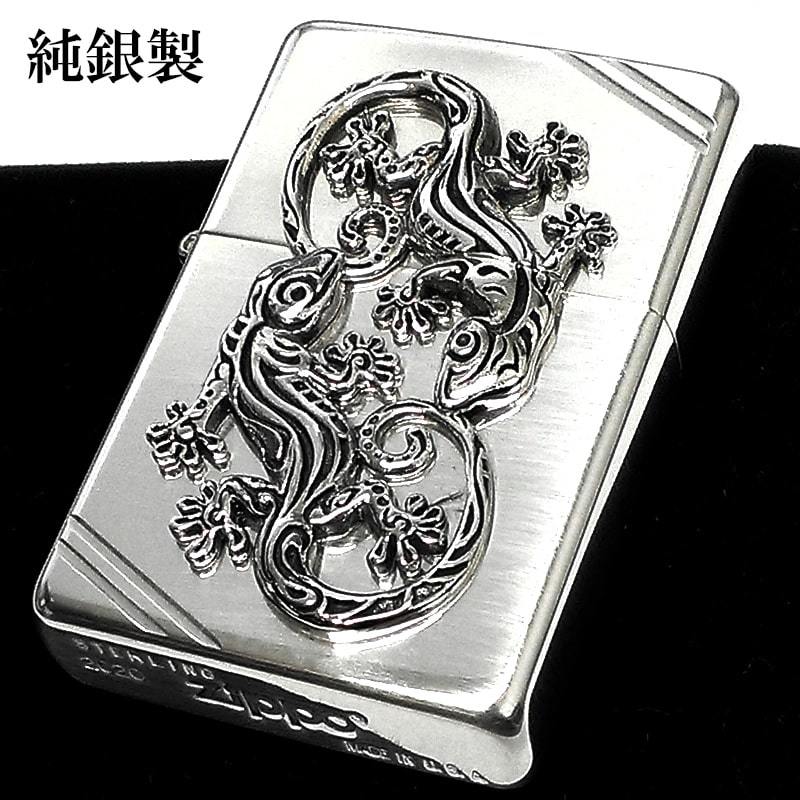 ZIPPO ライター 純銀 スターリングシルバー ラッキーチャーム ゲッコー お守り ジッポ シンプル ダイアゴナルライン 1937フラットトップ